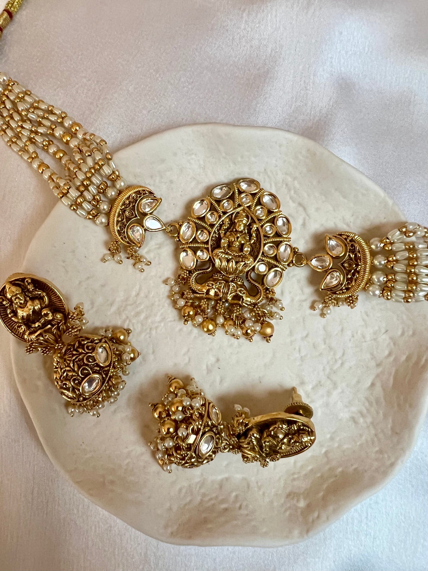 Antique temple pearl choker with golden balls and matching jhumkas N3172