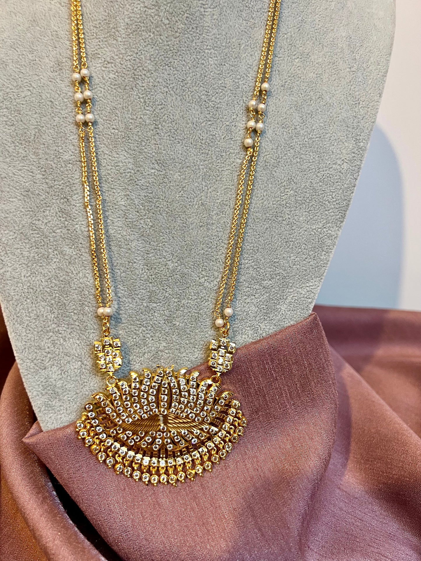 LAVO- Long pathakam lotus necklace with pearl chain N3187