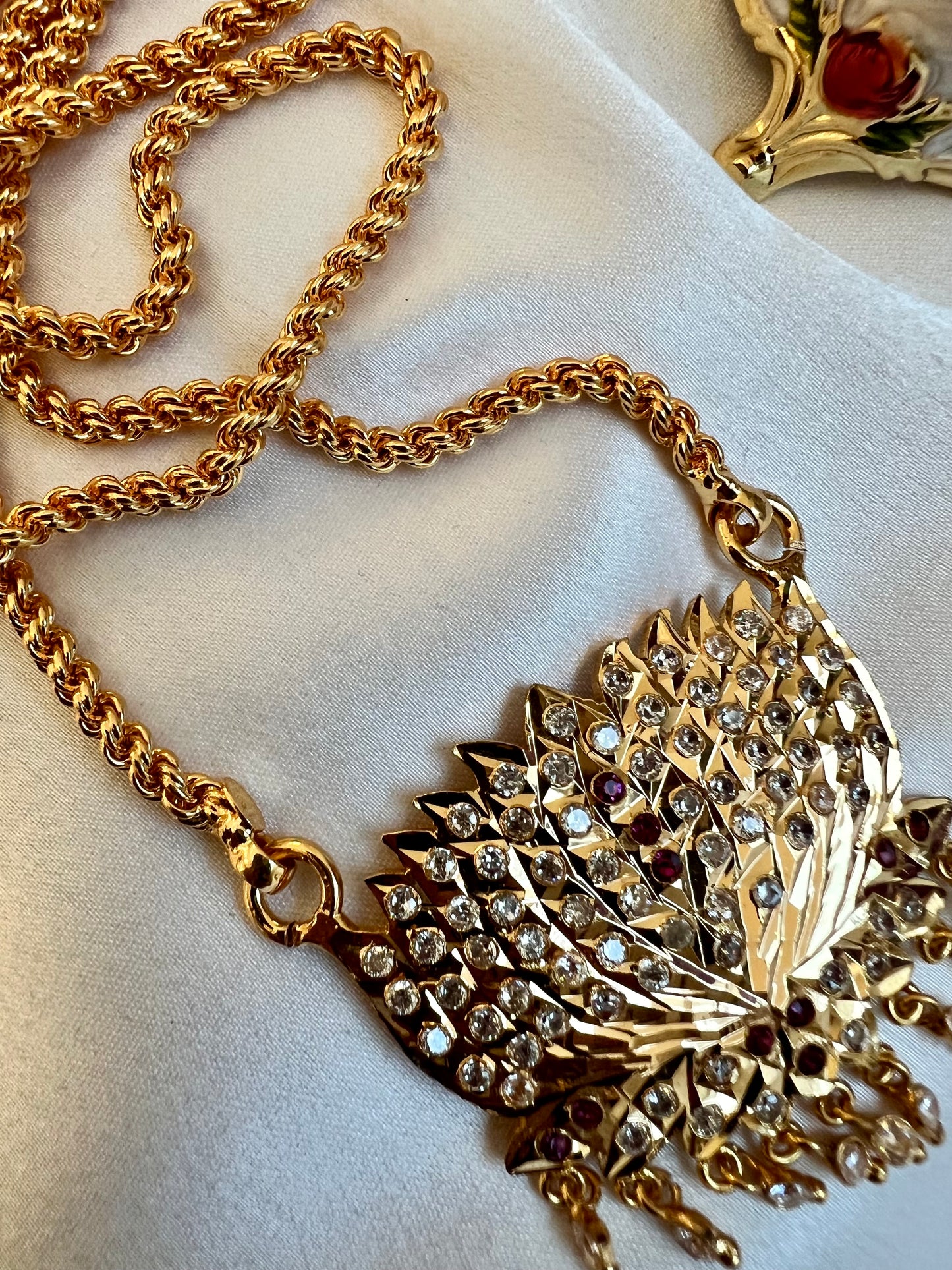 RUBI - Traditional long lotus impon pendant 24 inch with ruby and white N3095