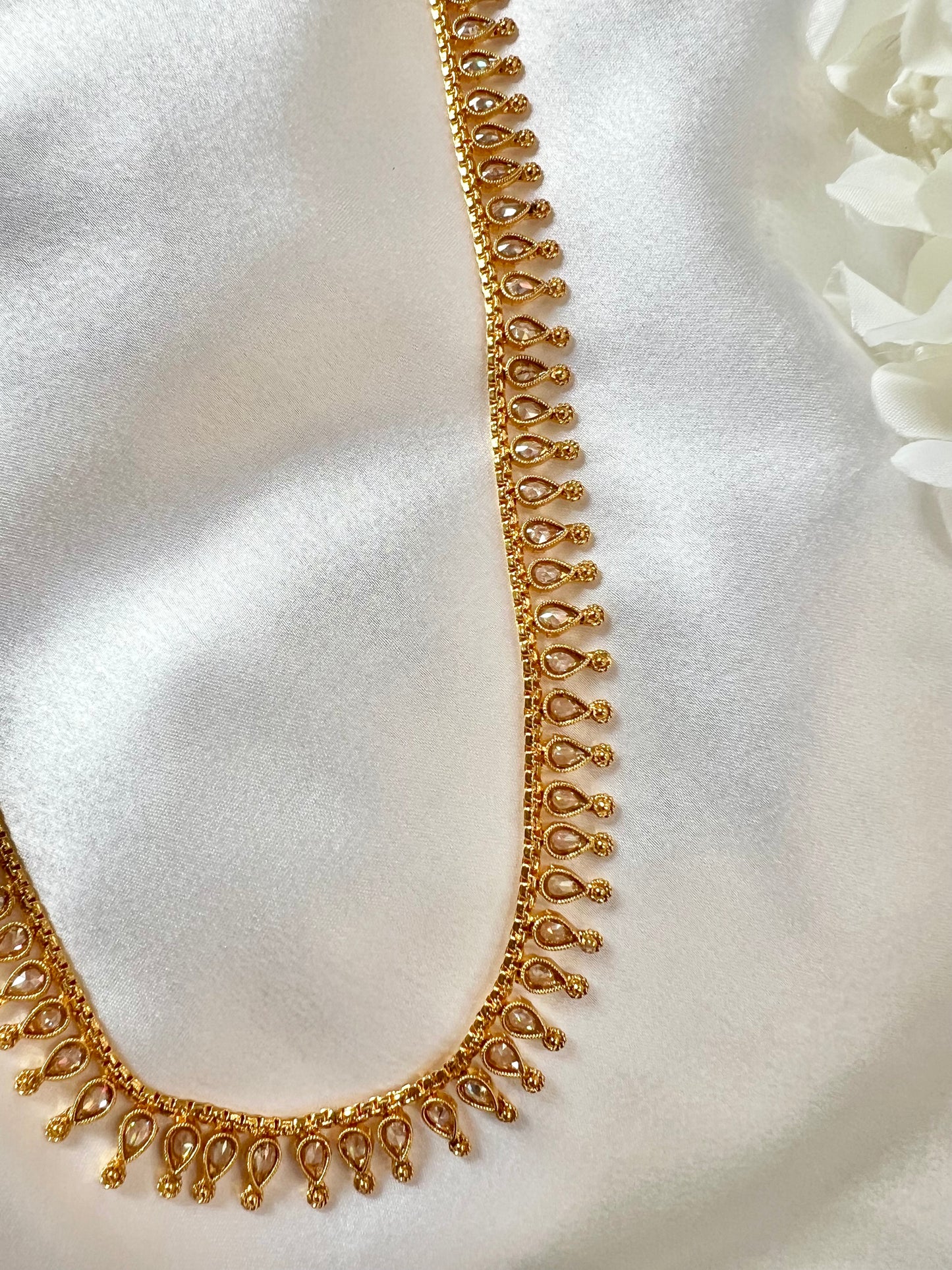 SAHANA - Antique gold plated long and short necklace set with matching earrings and uchi pattam/tikka N3001