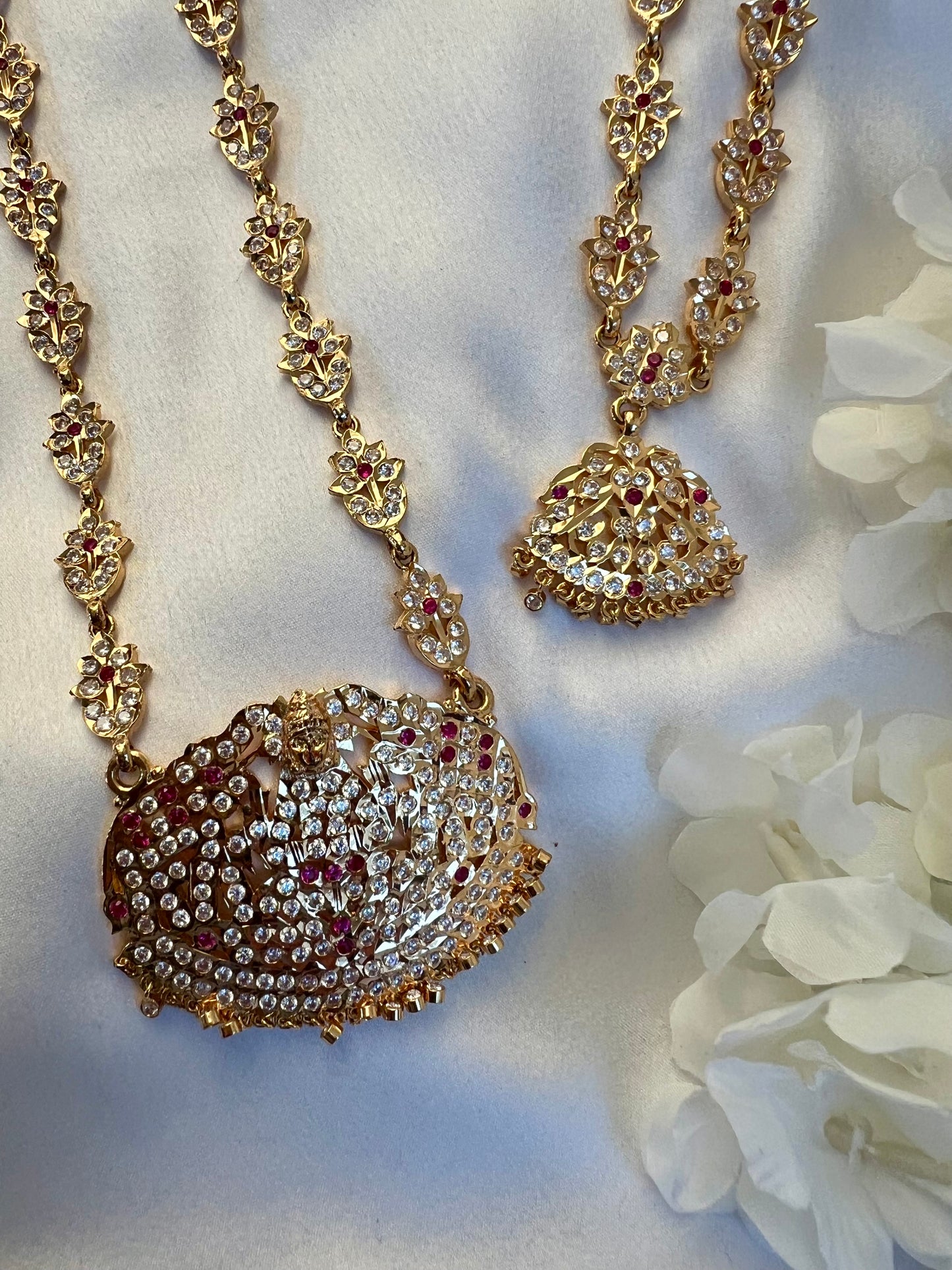 NAYANTHI - Impon south Indian ruby attigai with a matching long necklace embellished with white stones N3039