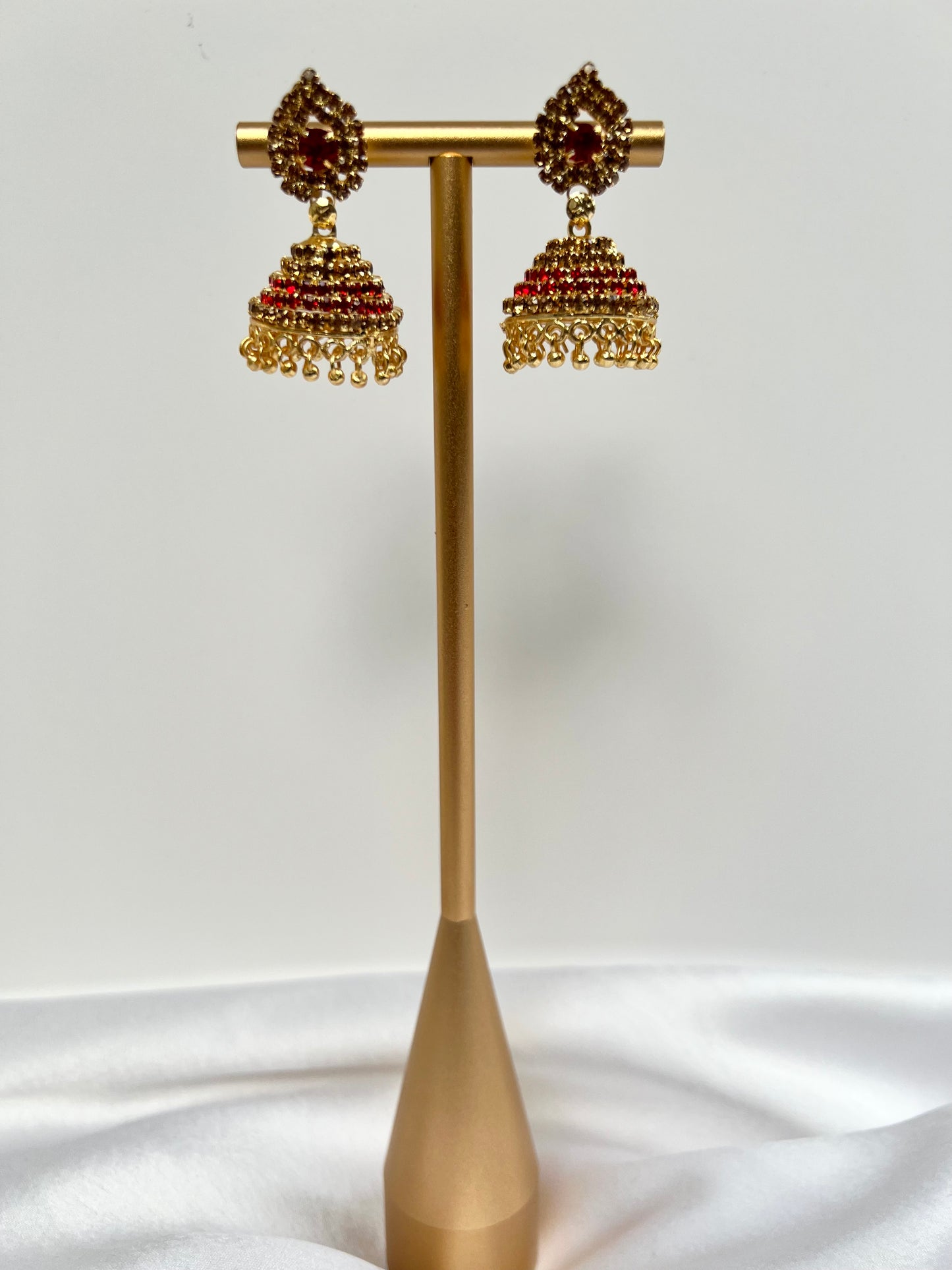 Small jhumka earrings with red Cz stones E3076