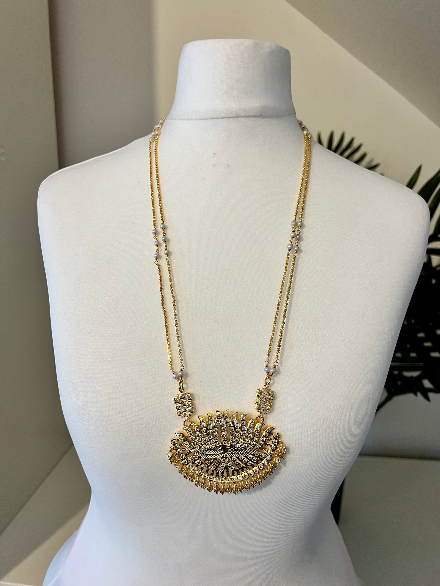 LAVO- Long pathakam lotus necklace with pearl chain N3187