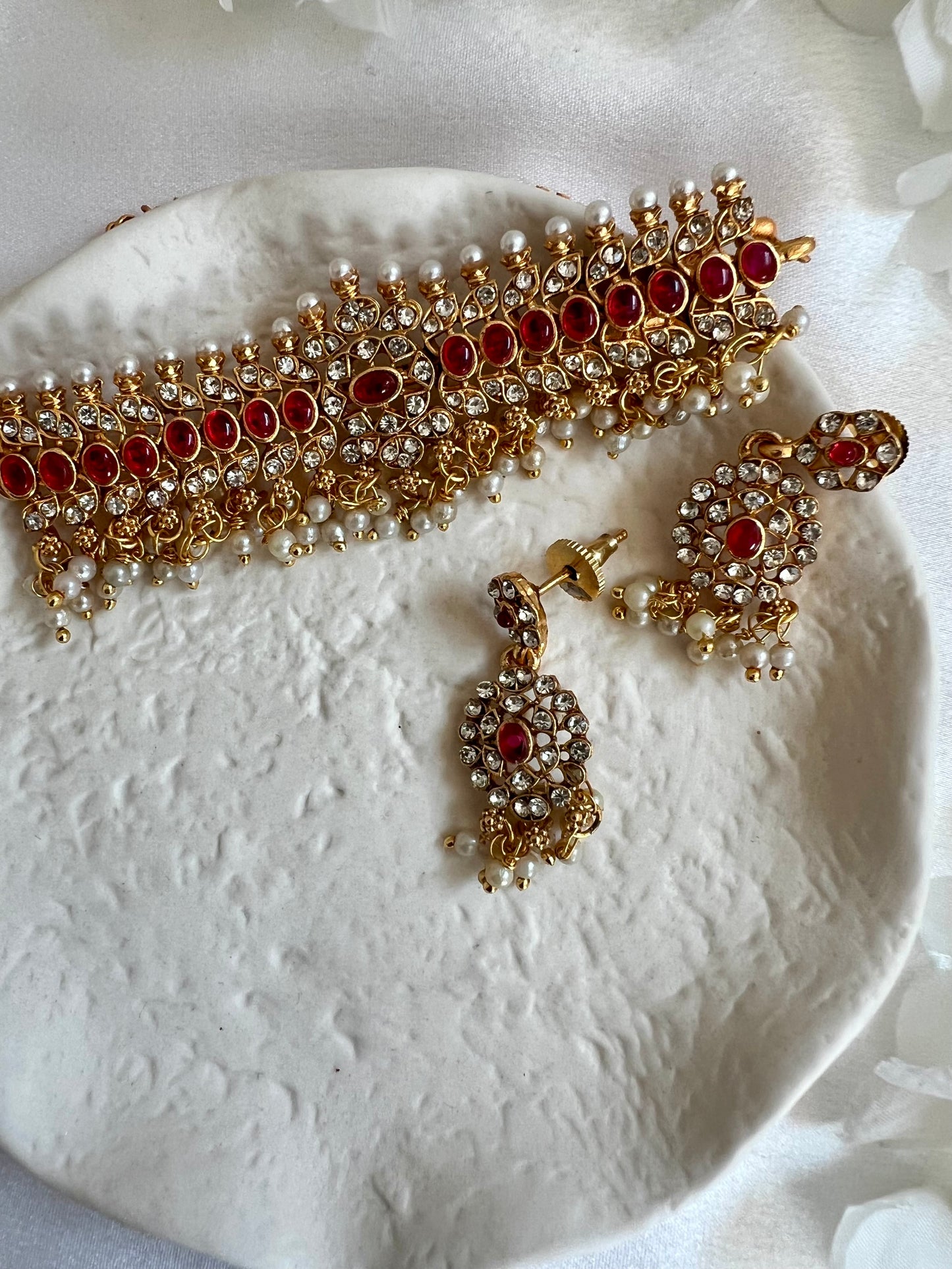 NEHA - Small choker red stoned necklace set with matching earrings N3089