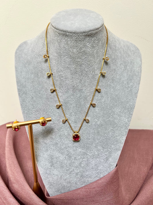 Dainty gold necklace with a ruby stone N3264