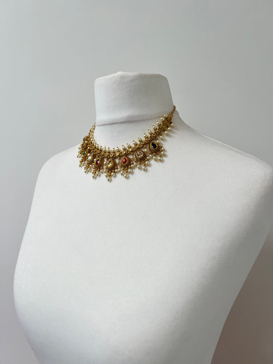 ANULIA - Golden multicolour pearl necklace set with matching flat earrings N3252