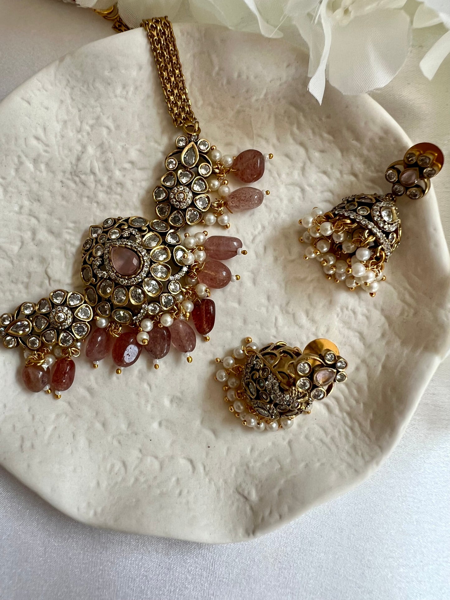 NANDINI - Small antique mehndi plated white stone with pink and white pearl choker and jhumkas N3099