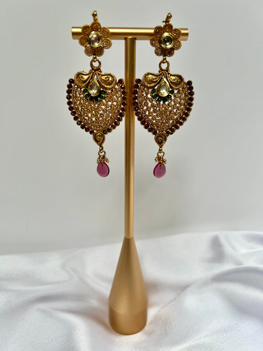 Long flat golden earrings with purple and green stones E3065