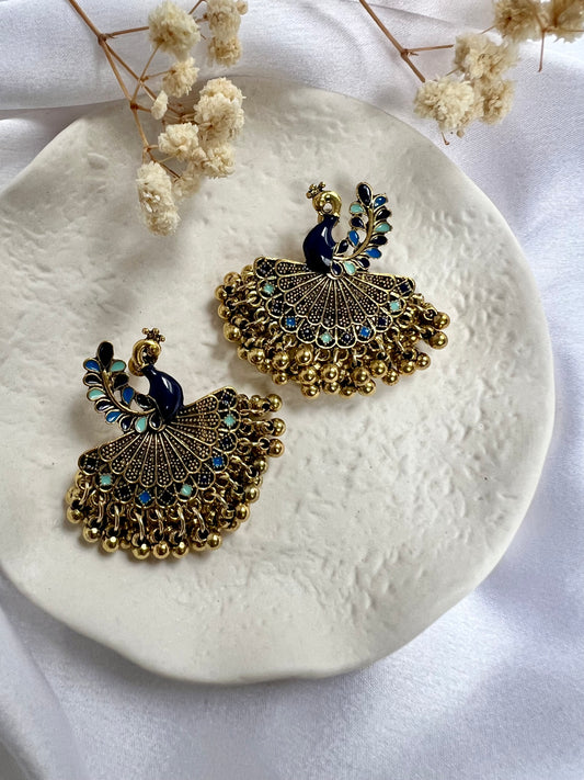 Blue painted antique gold peacock shaped earrings E3053