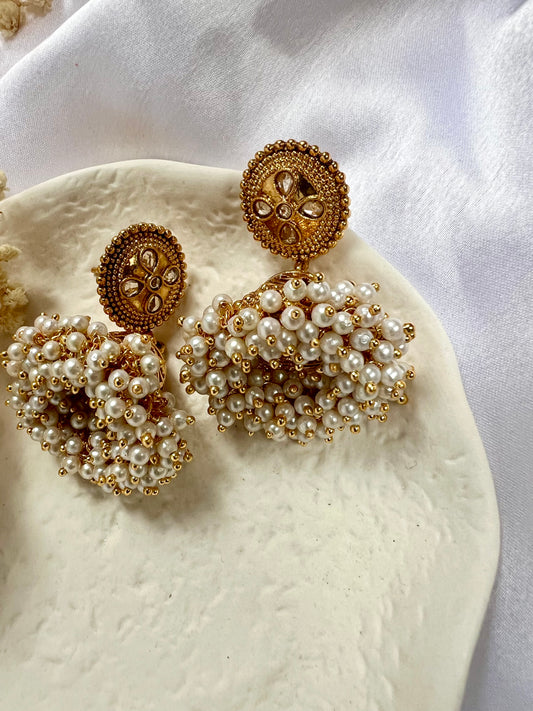 Gold plated pearl jhumka earrings E3029