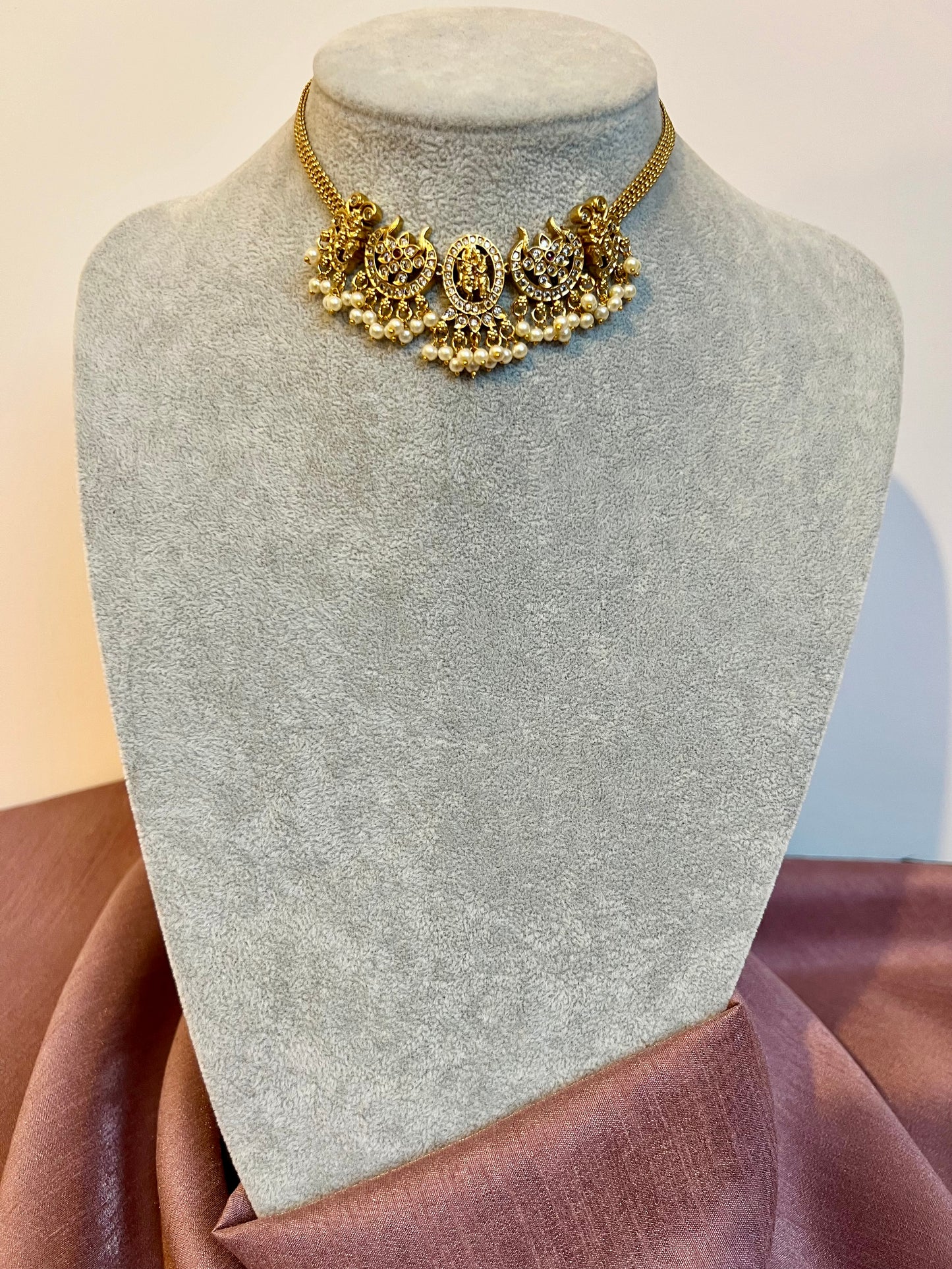 LAVOTHINI - golden temple small choker necklace with small jhumkas N3188