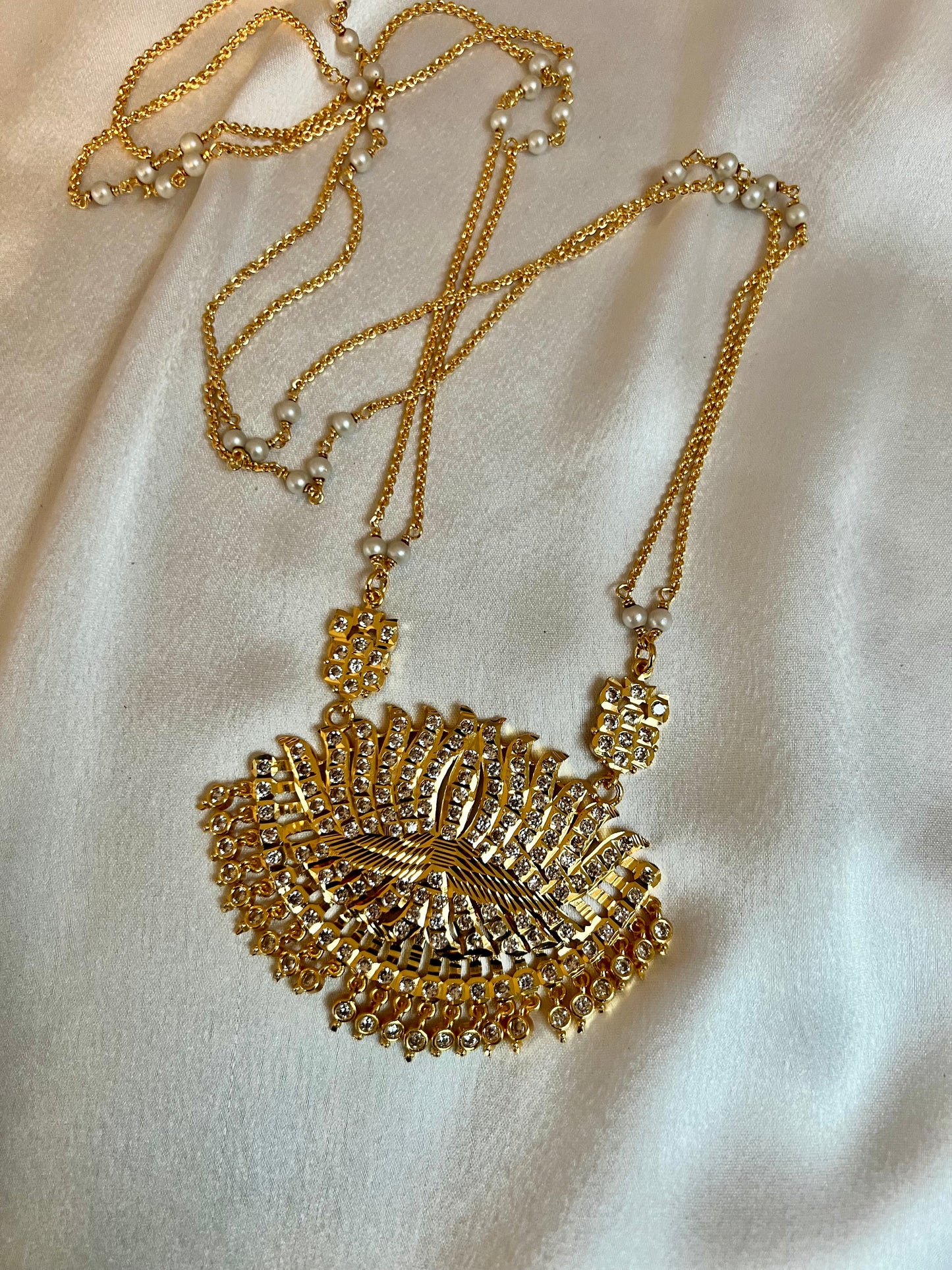 LAVO- Long pathakam lotus necklace with pearl chain N3187