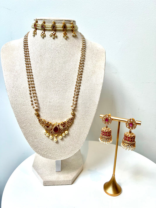 Choker and long pearl necklaces with jhumka NR301