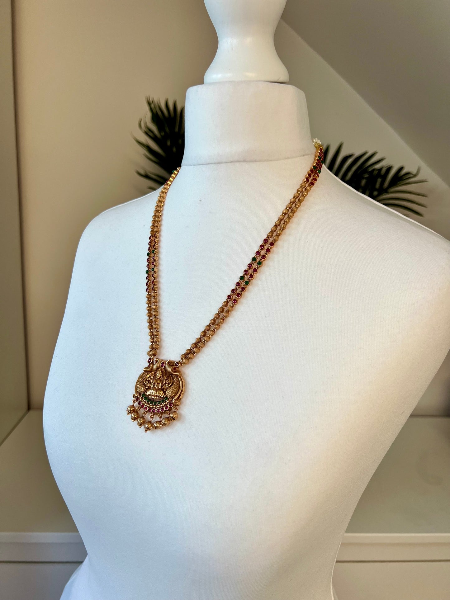 VARNA - Antique temple matte gold plated long necklace with matching earrings N3026