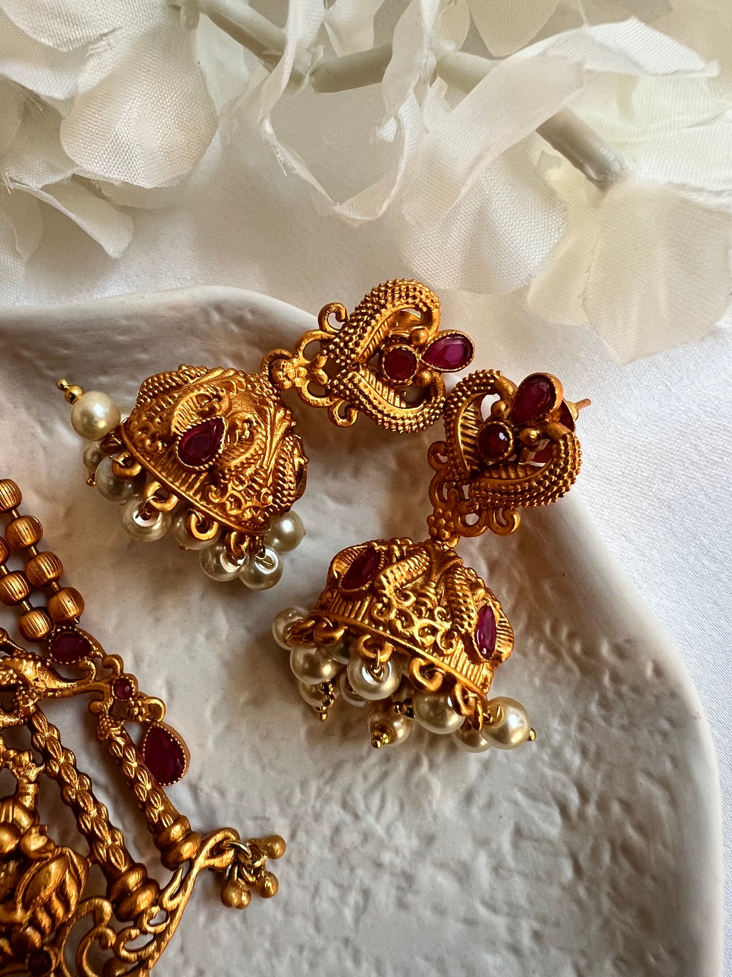 TAHA ruby -Antique temple necklace set in ruby with matching earrings N3006