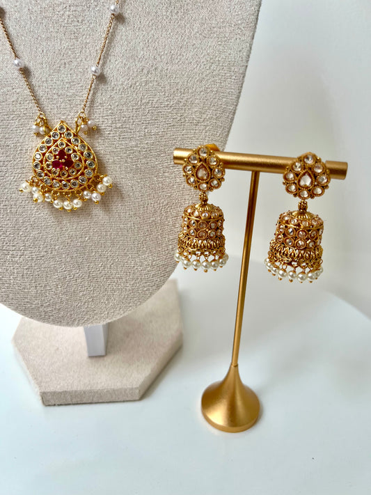 Beautiful ruby stoned pearl necklace with matching jhumkas