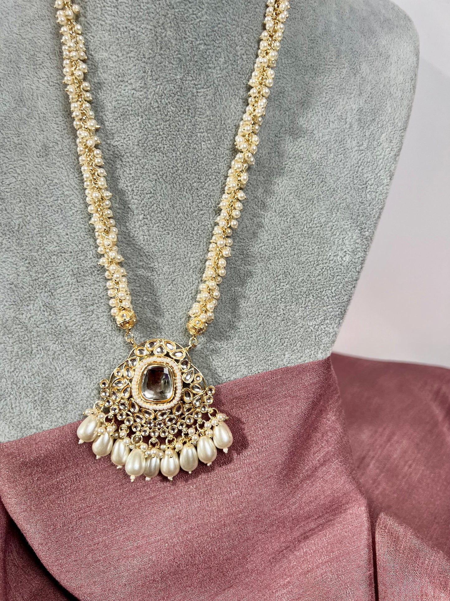 LAVI - Long Kundan style white malai pendant necklace with ivory beads and matching flat earrings N3049