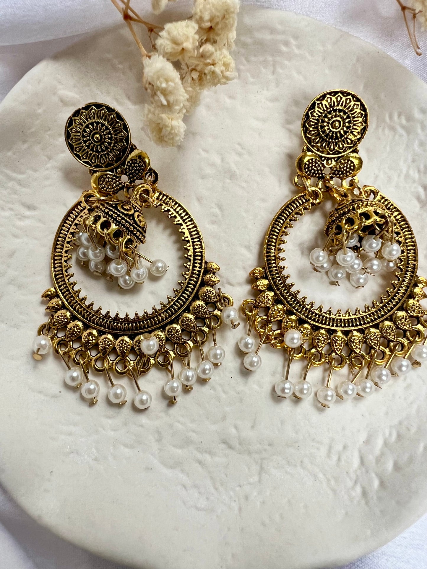 Antique gold dangling jhumkas hoop earring with pearls E3057