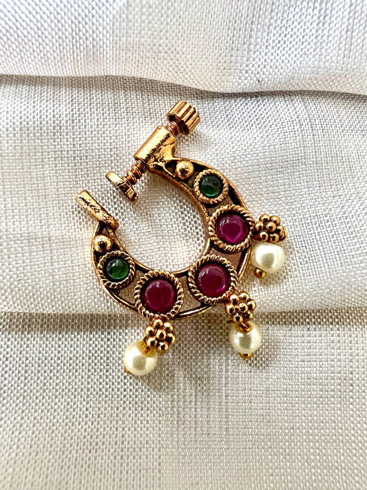 Antique rubygreen pearl gold plated nosering NR3001