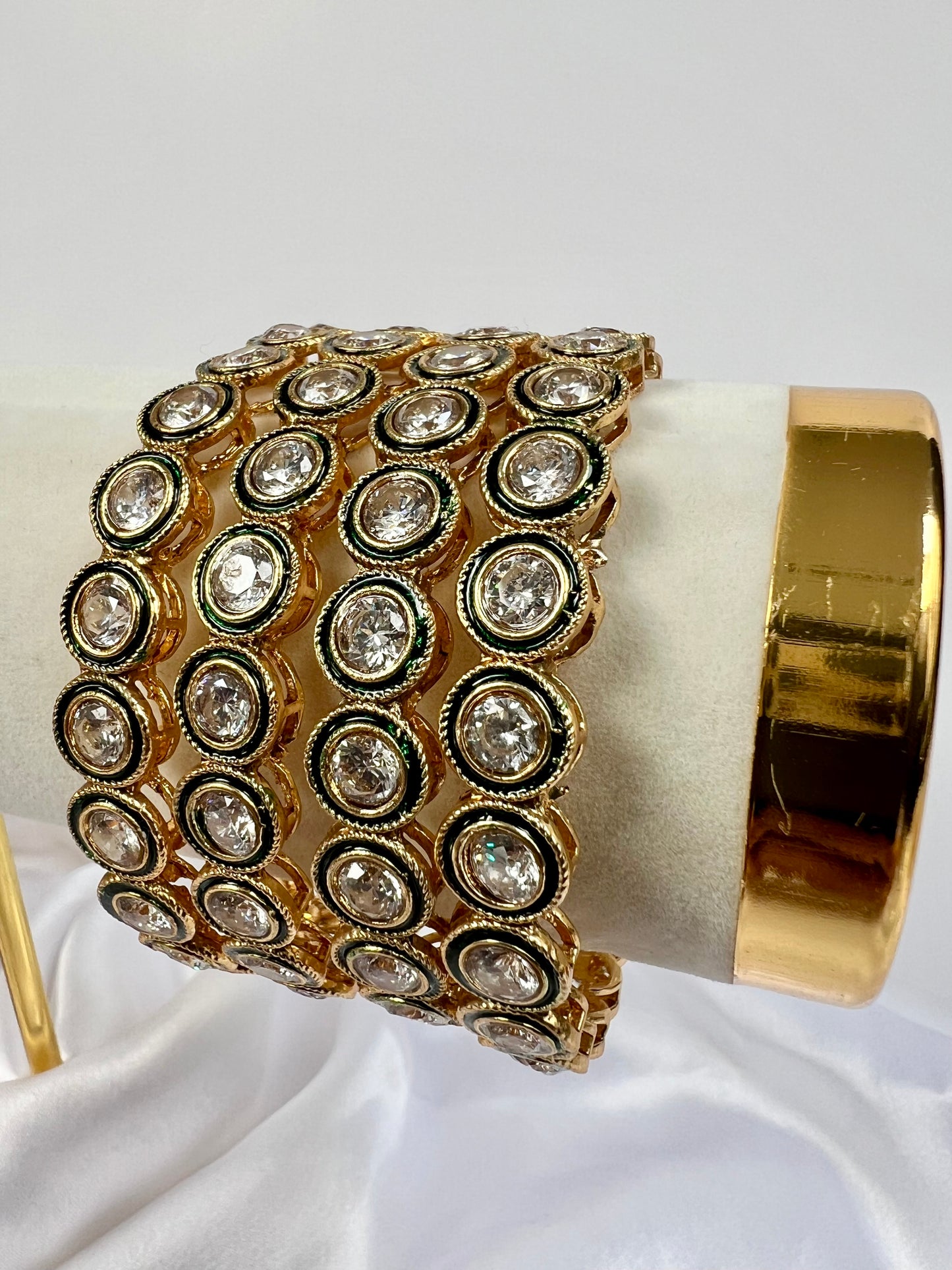 Gold plated Bangles With White stones and forest green painting, set of four B3013