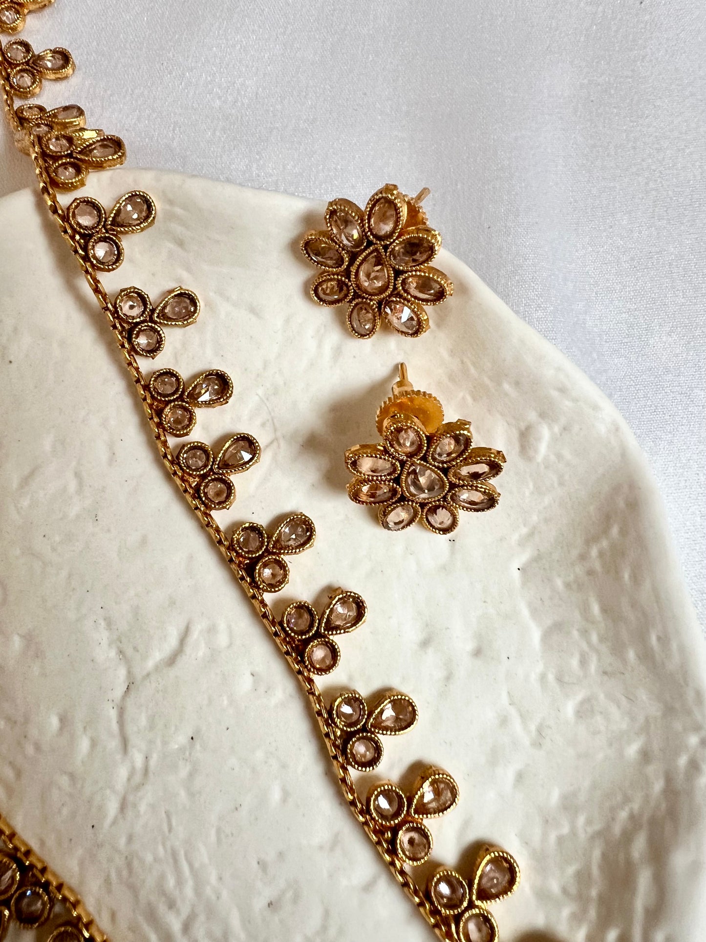 THANISHA - long kundan stone golden necklace with flat earrings N3211