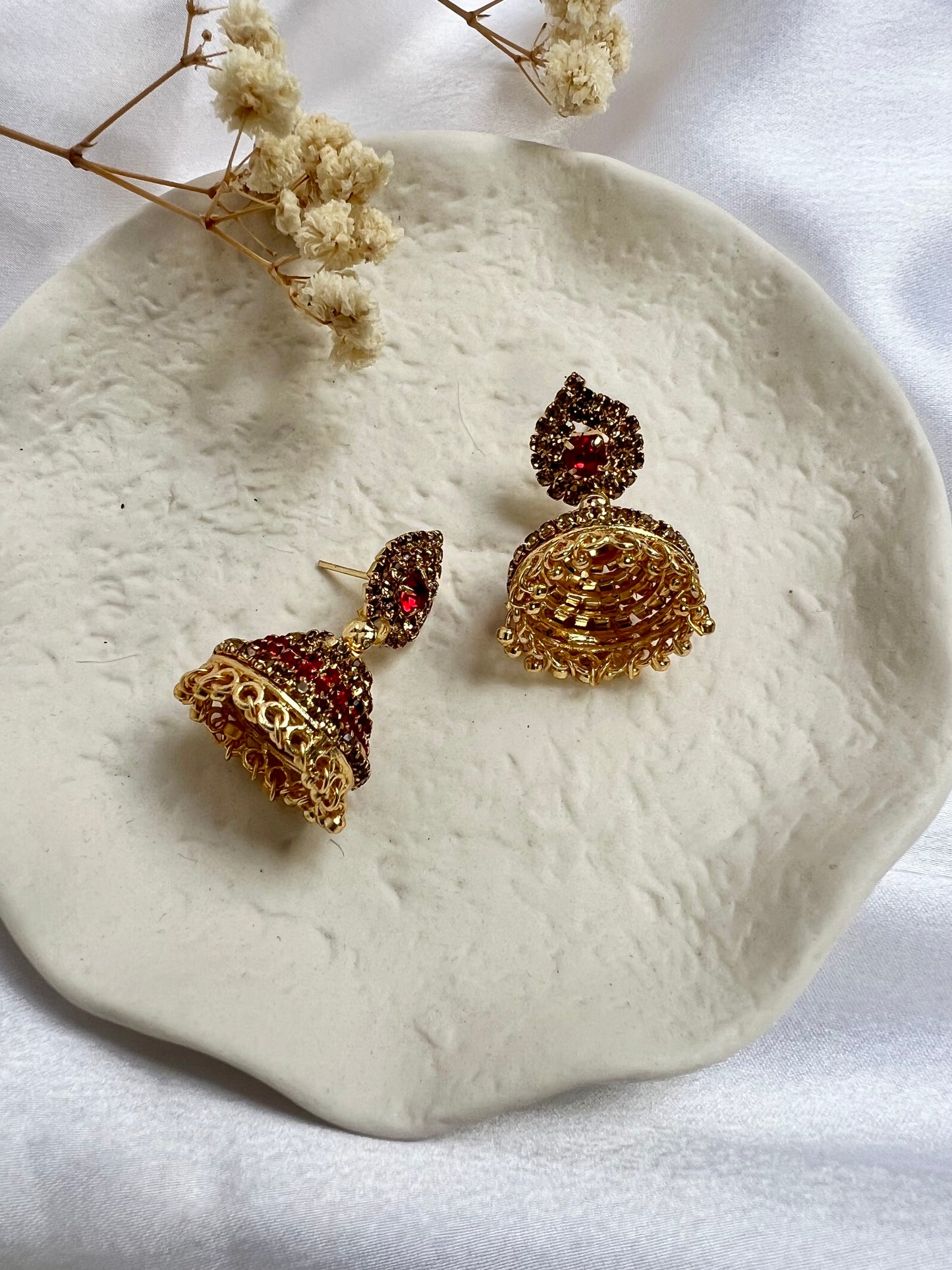 Small jhumka earrings with red Cz stones E3076