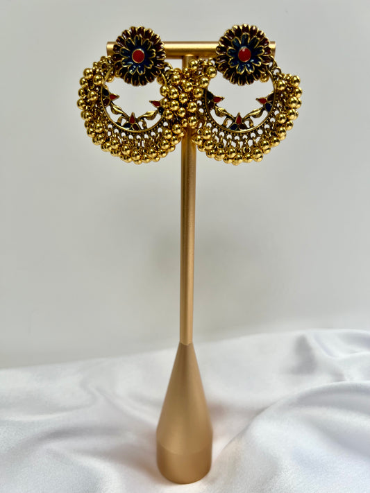 Round golden red and blue painted golden ball earrings E3069