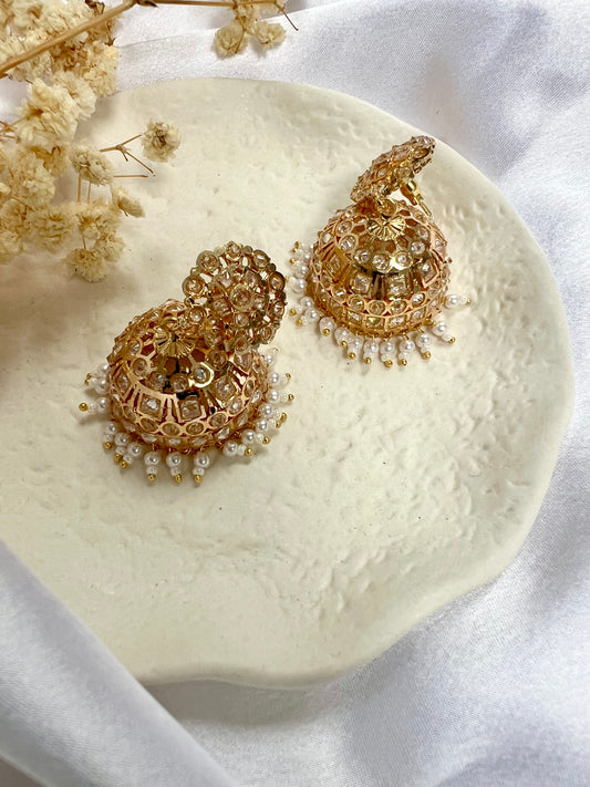 Gold plated white stone pearl jhumka earrings E3023