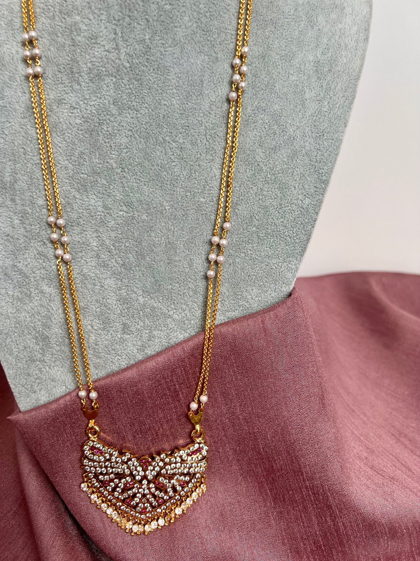 NANDIKA - Long Impon dollar 30inch necklace with ruby and white stones N3067