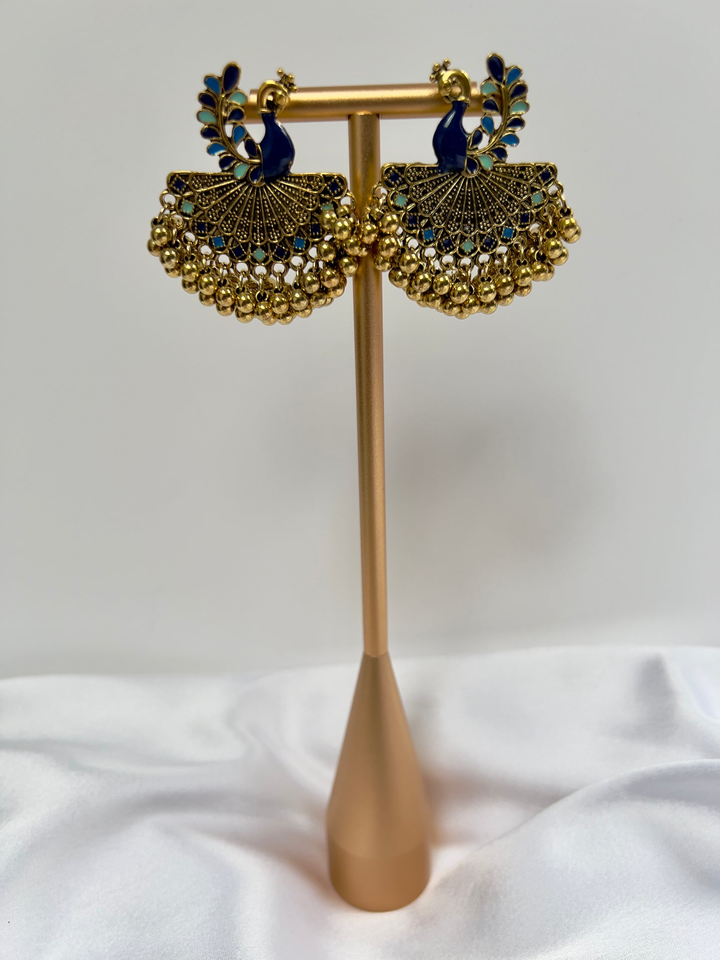 Blue painted antique gold peacock shaped earrings E3053