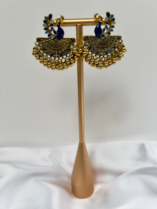 Blue painted antique gold peacock shaped earrings E3053