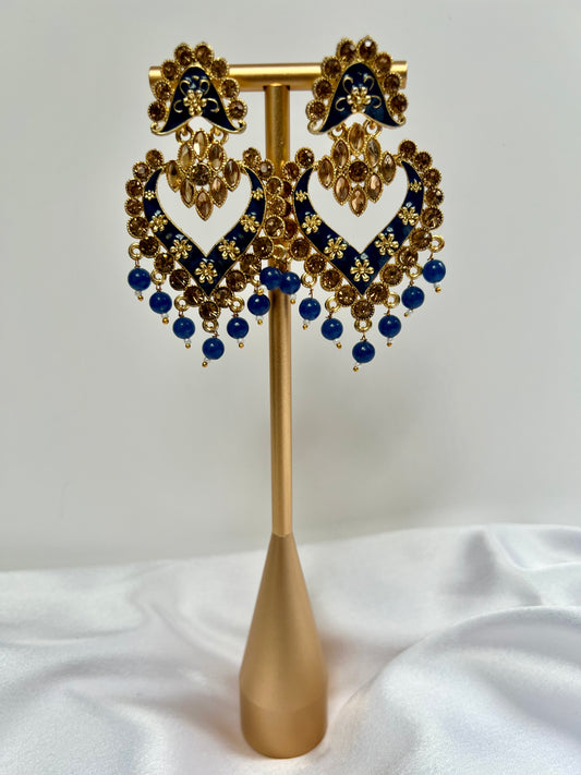 Long flat blue painted earrings with champagne coloured stones E3074