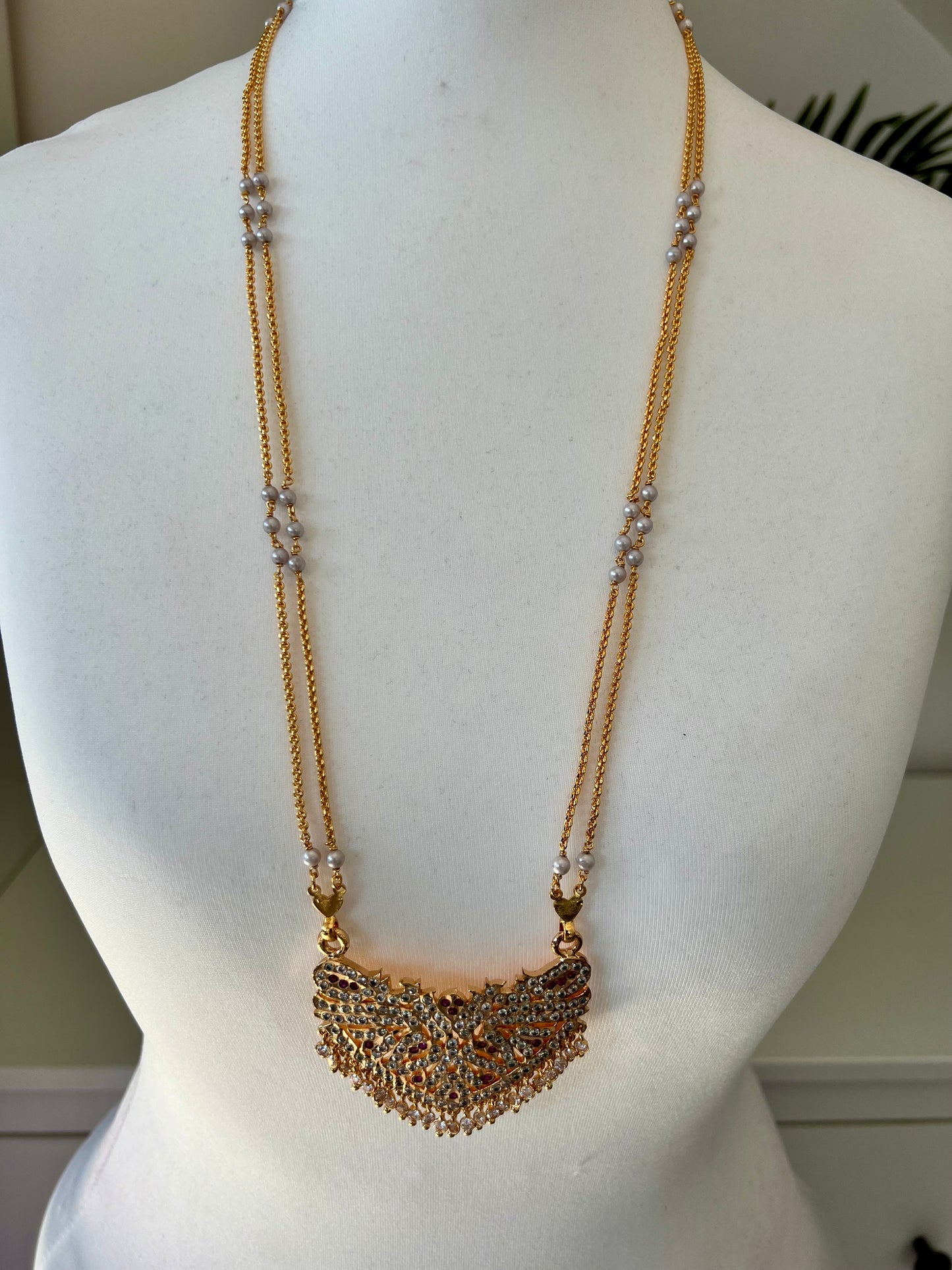 NANDIKA - Long Impon dollar 30inch necklace with ruby and white stones N3067