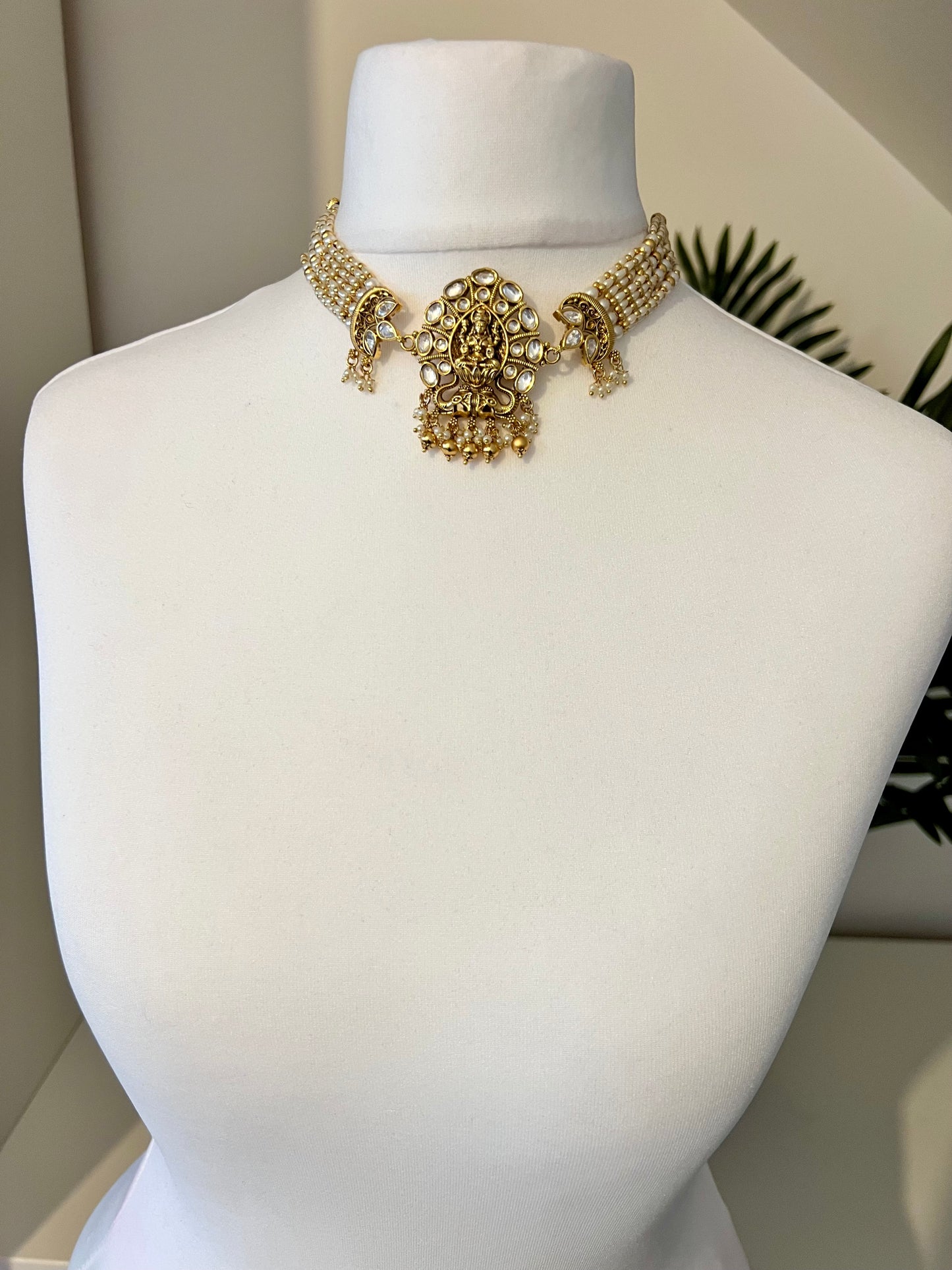 Antique temple pearl choker with golden balls and matching jhumkas N3172