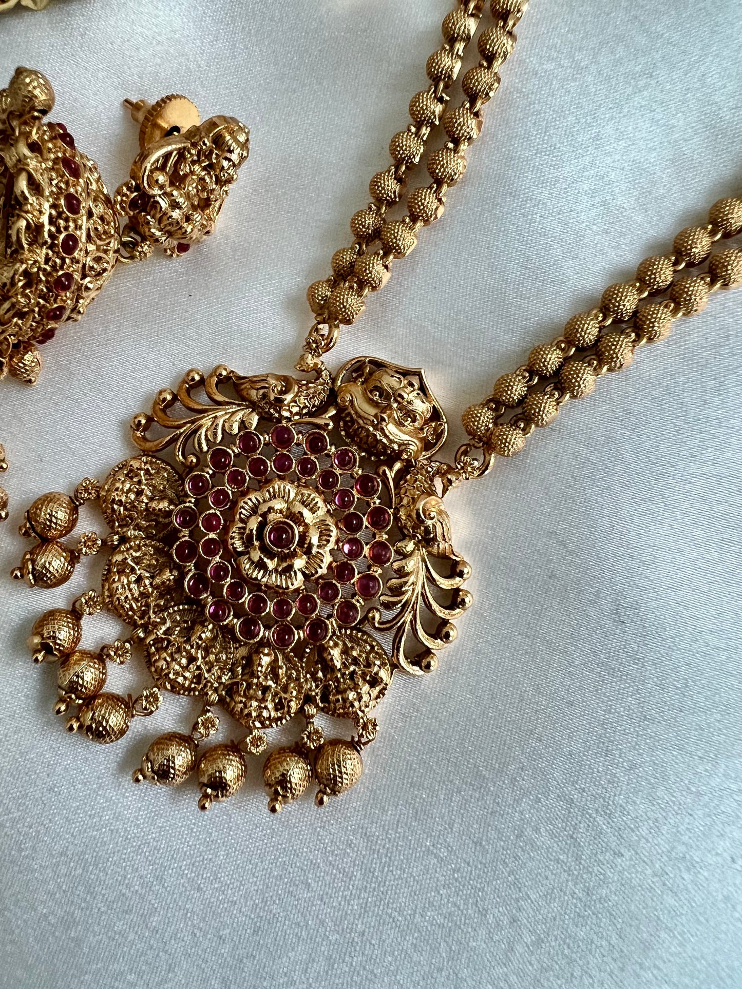 RADHA -Antique temple matte gold plated ruby necklace set with matching jhumkas N3023