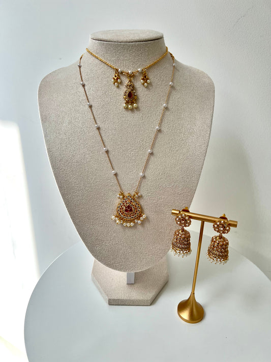 Beautiful ruby stoned pearl necklace with matching jhumkas