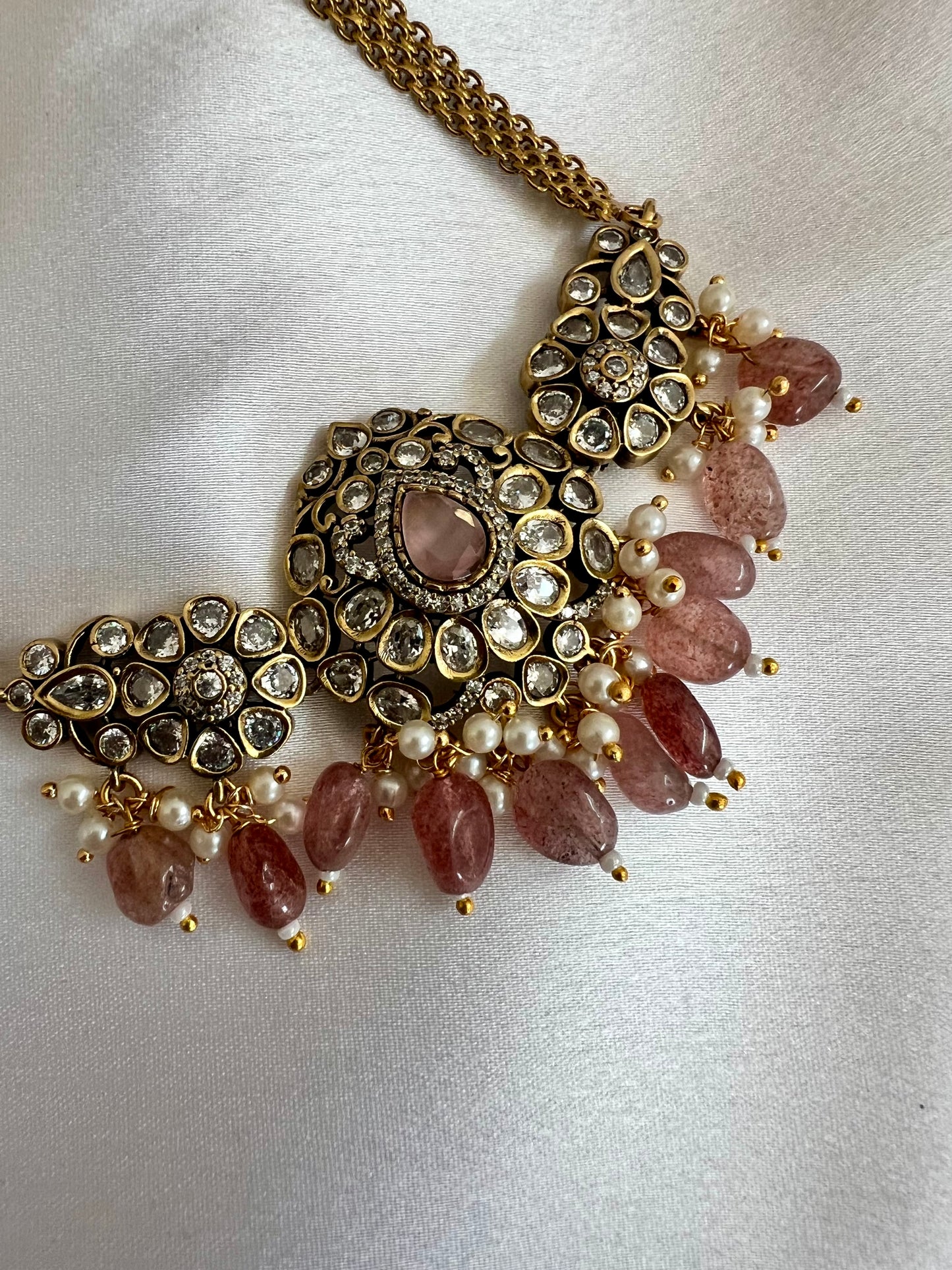 NANDINI - Small antique mehndi plated white stone with pink and white pearl choker and jhumkas N3099