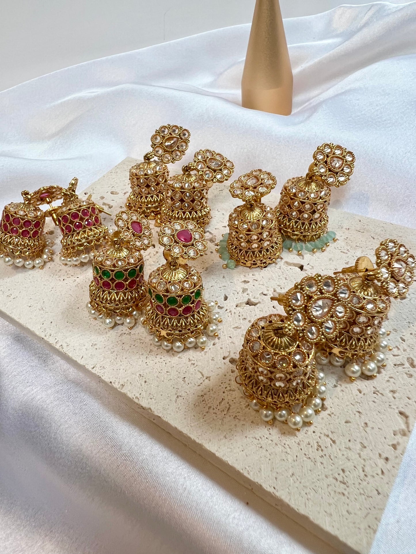 Golden short jhumkas with pearls in various colours E3035
