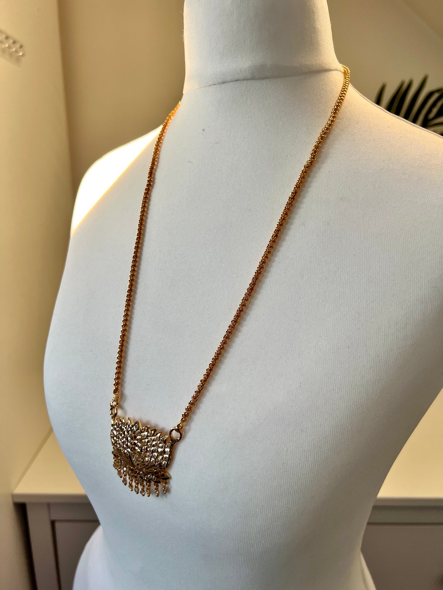 RUBI - Traditional long lotus impon pendant 24 inch with ruby and white N3095