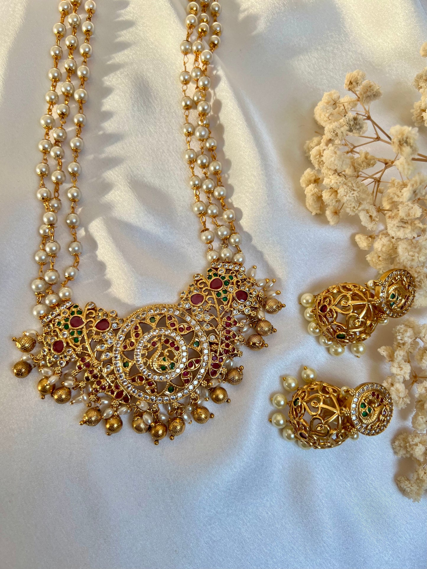 NIVETHA - Long pearl haram necklace set with matching jhumka earrings N3069