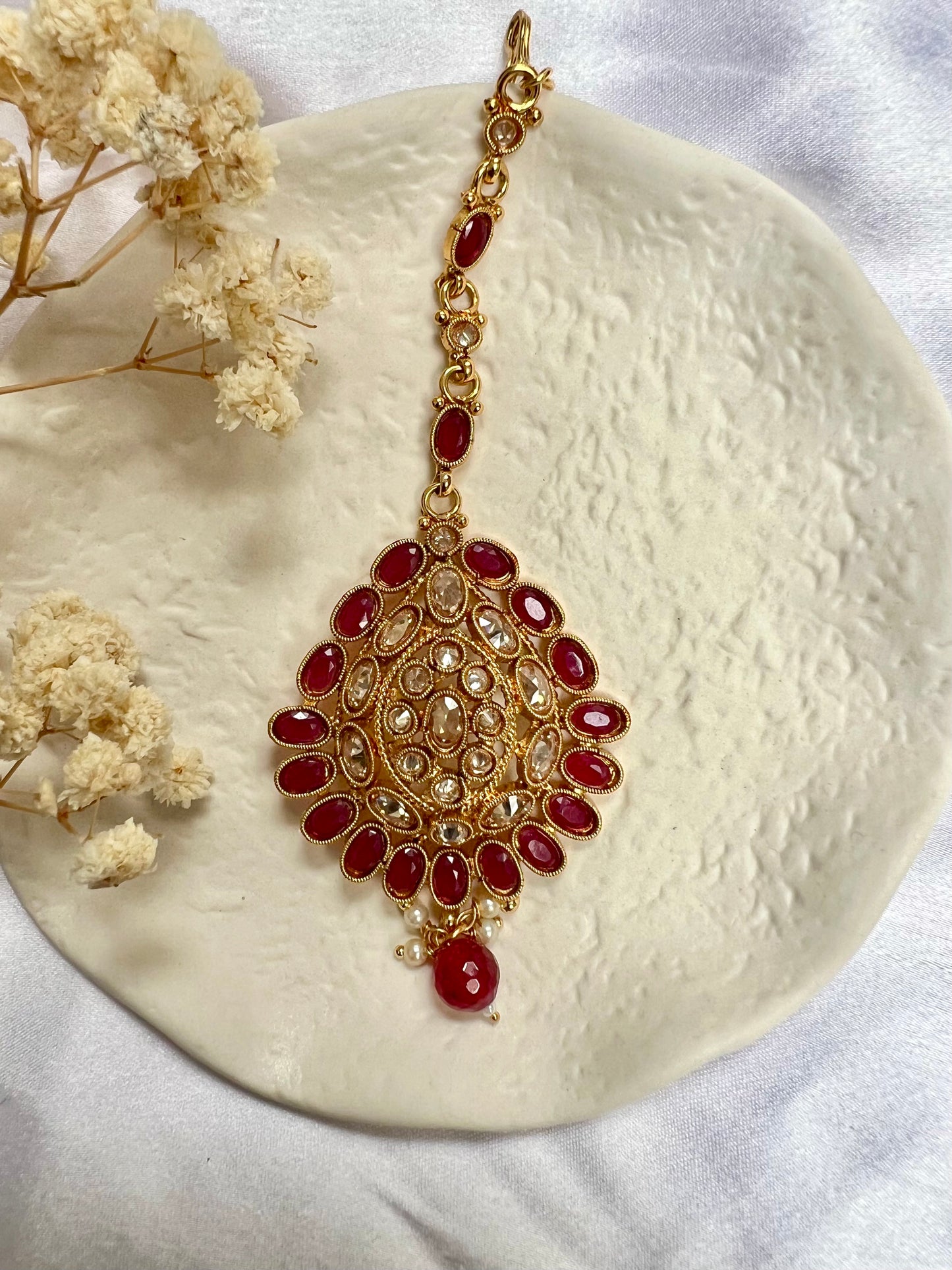 Gold plated ruby clear stone white pearl maang tikka T3011