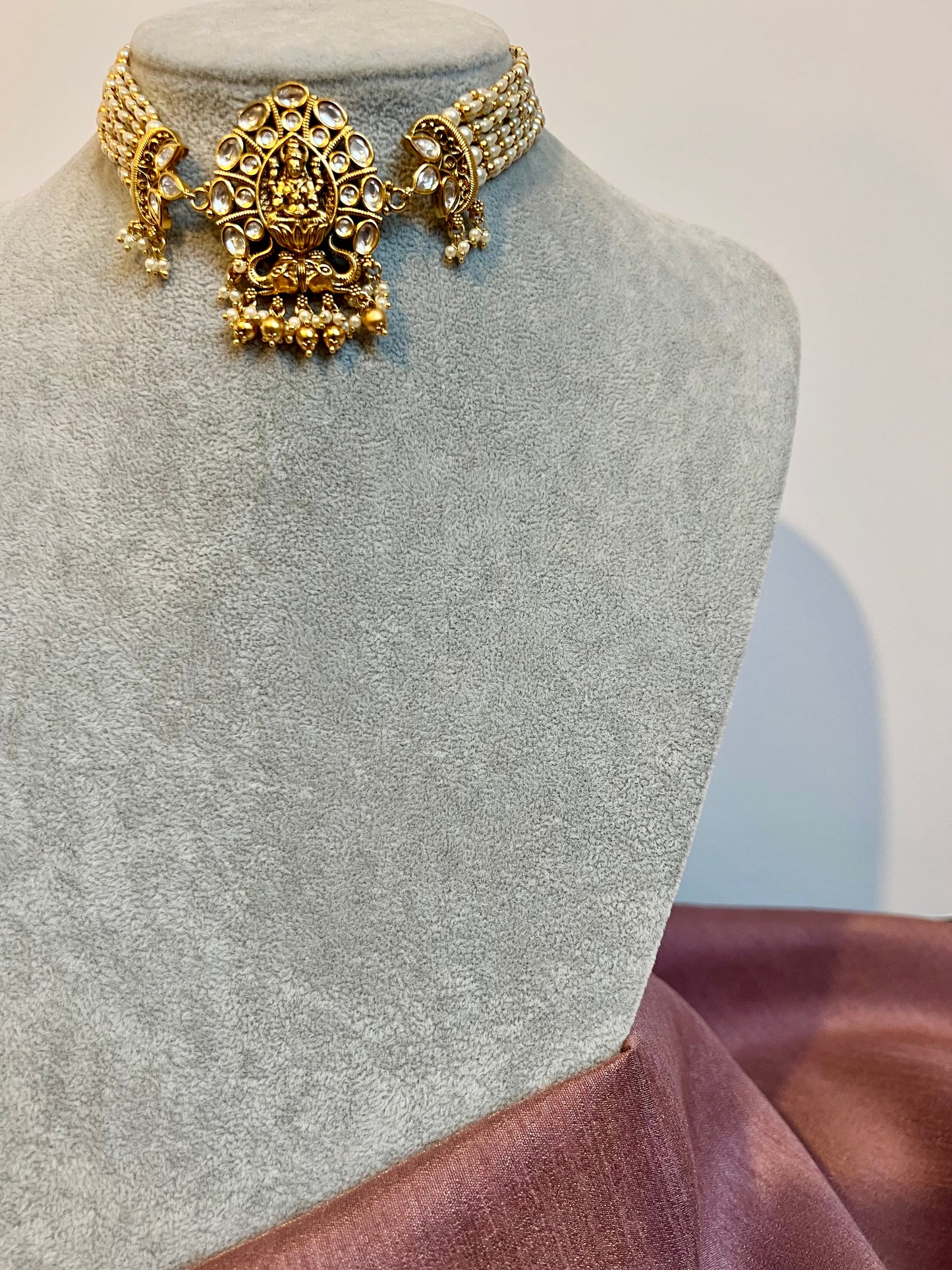 Antique temple pearl choker with golden balls and matching jhumkas N3172