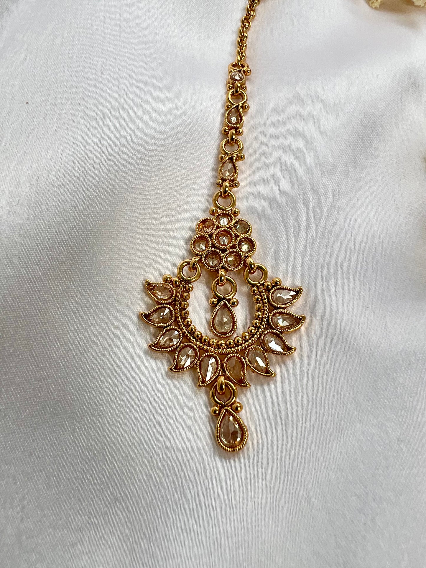 Small traditional gold plated clear stone maang tikka T3009