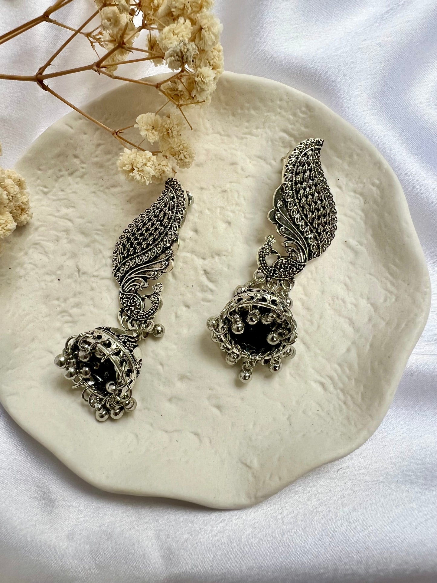 Antique silver long peacock shaped jhumkas earrings E3078