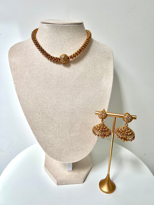 KANSANI - Antique gold plated mid length necklace with matching gold jhumkas N3251