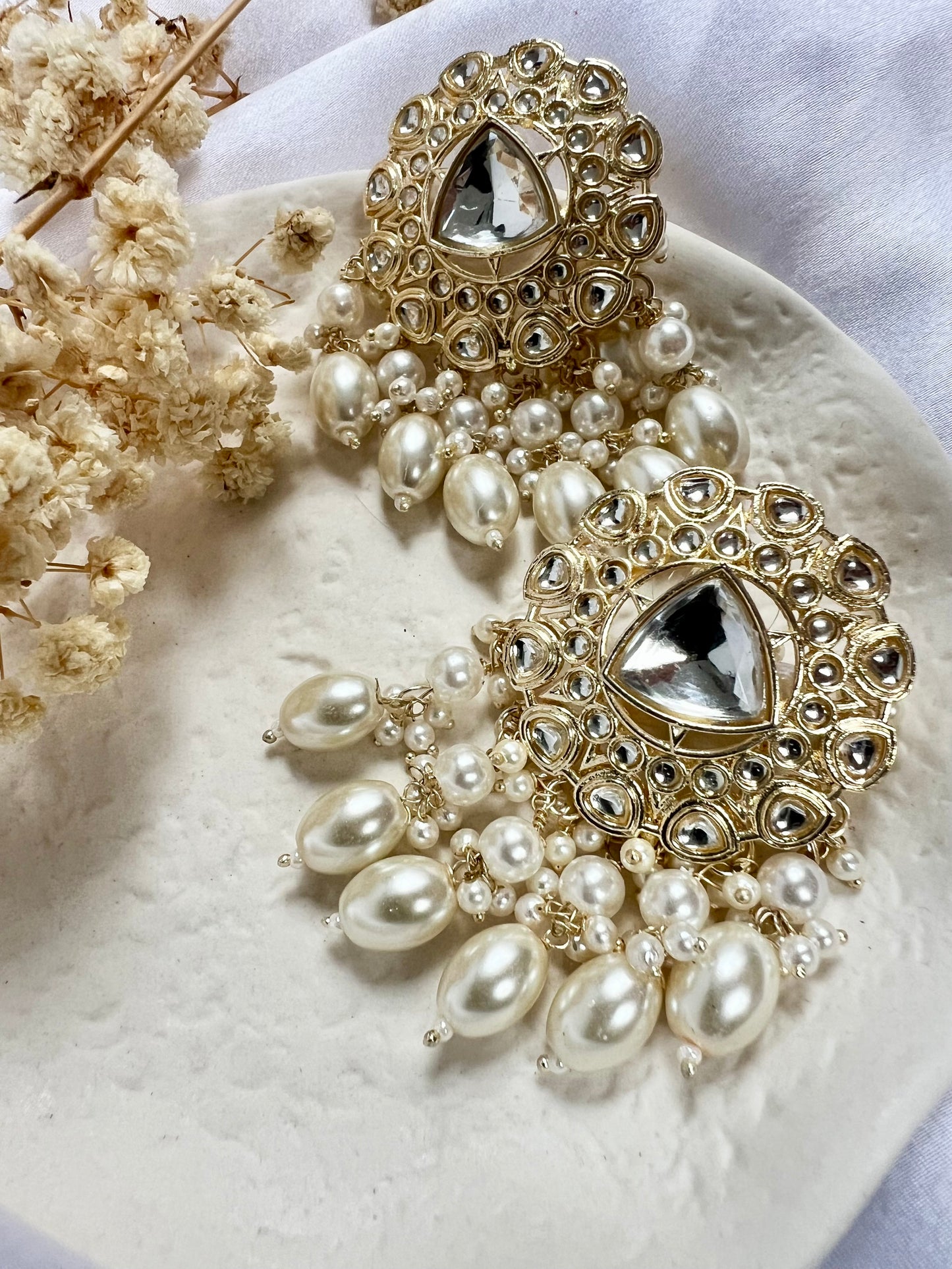 white gold pearl kundan stone earrings E3032