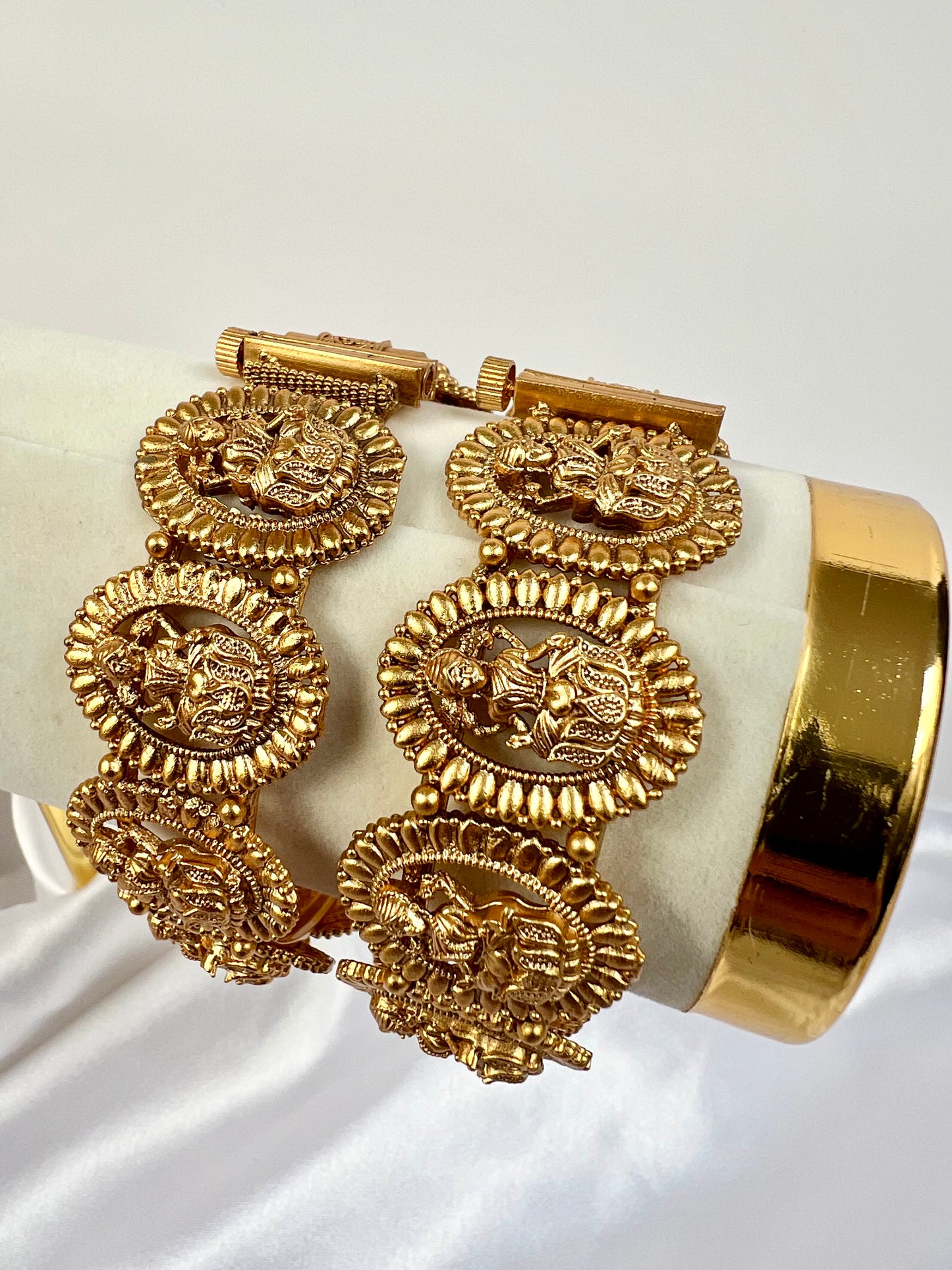 Antique temple matte gold plated openable pair of bangles, set of two B3003