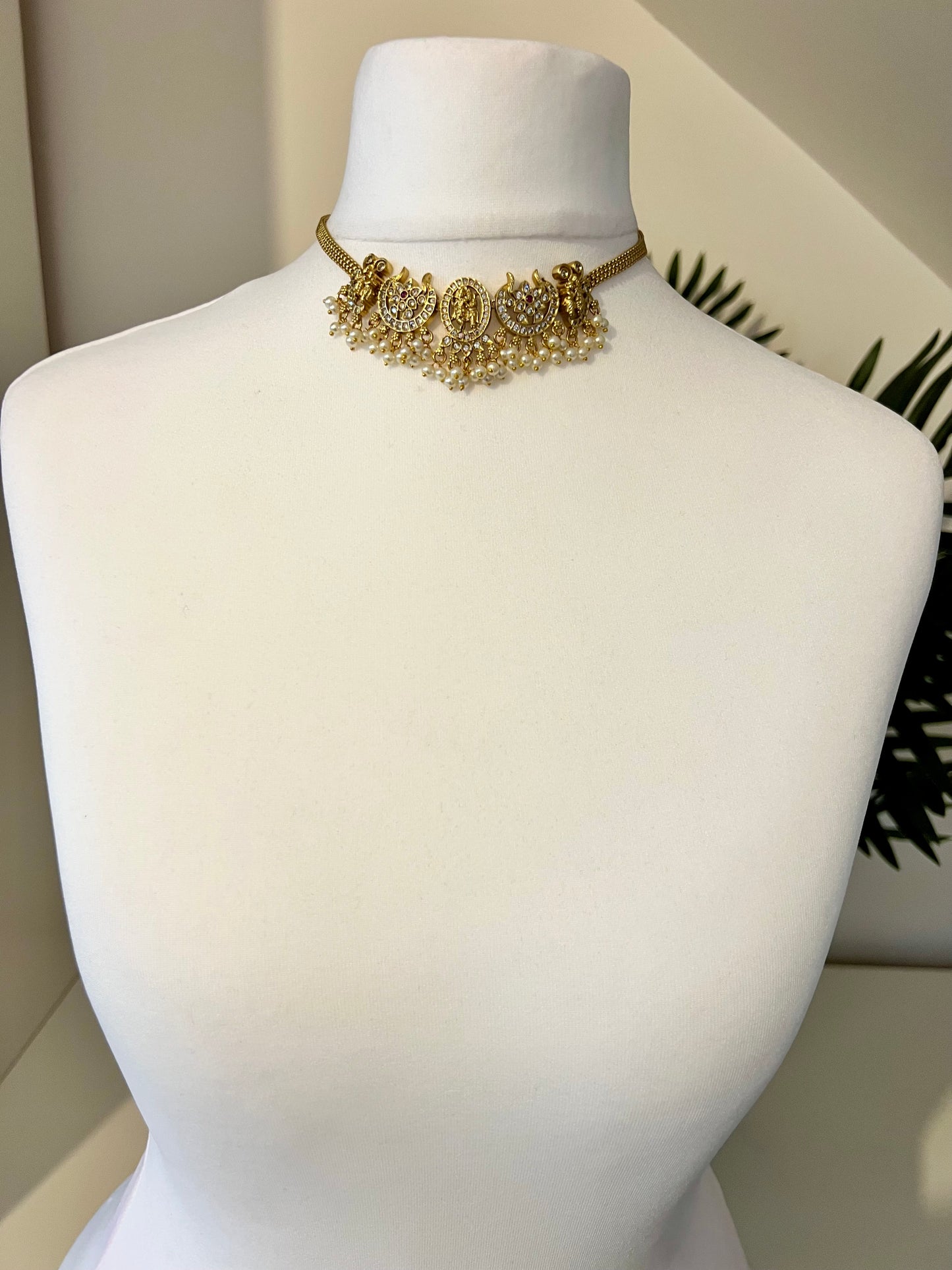 LAVOTHINI - golden temple small choker necklace with small jhumkas N3188