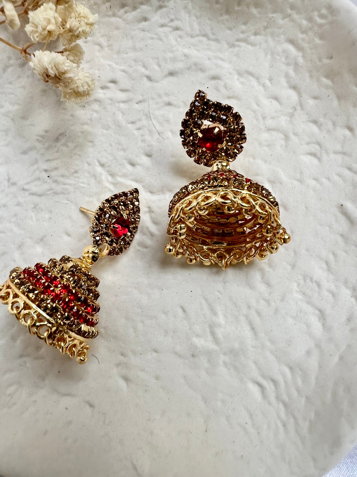 Small jhumka earrings with red Cz stones E3076