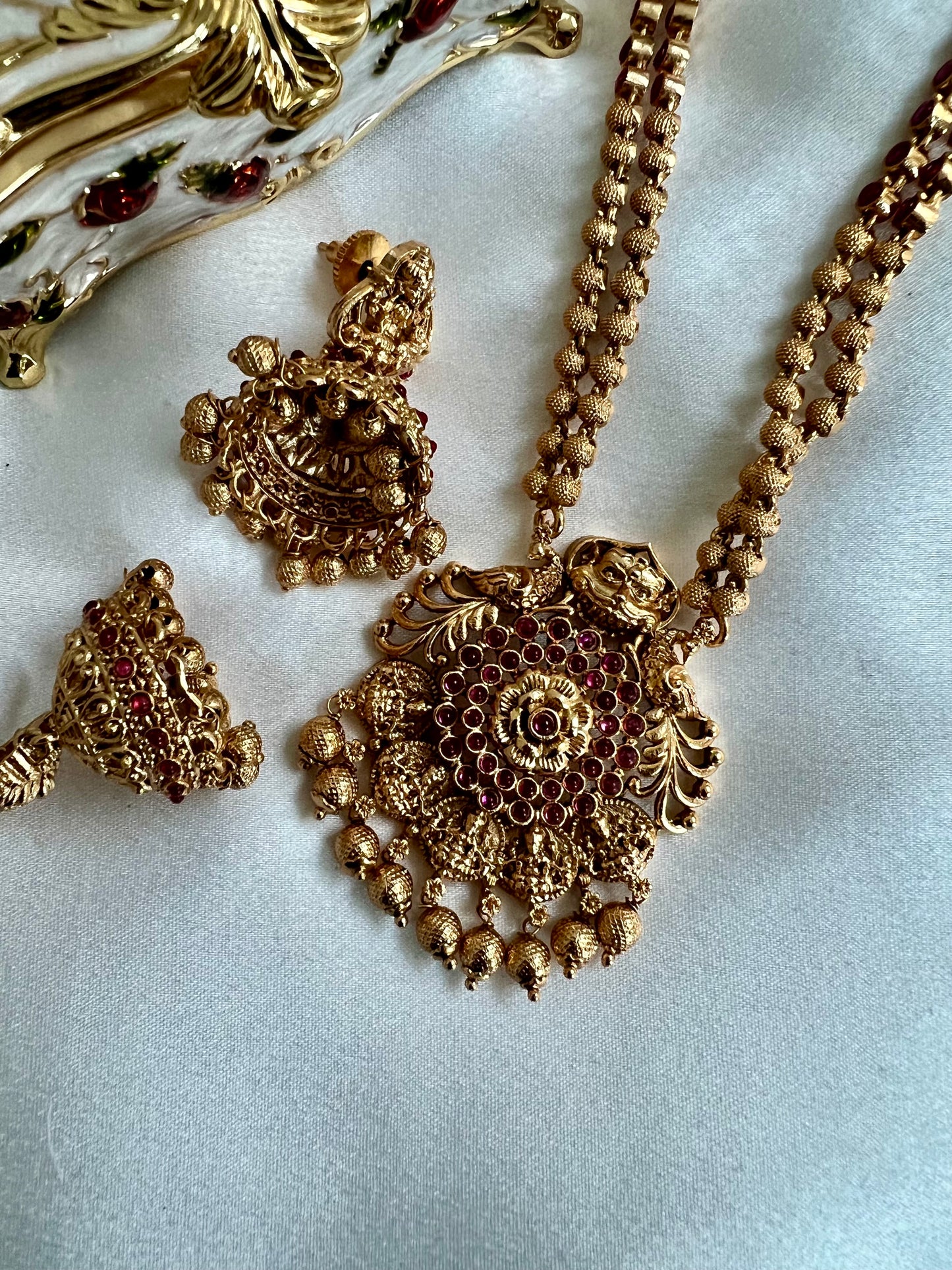 RADHA -Antique temple matte gold plated ruby necklace set with matching jhumkas N3023